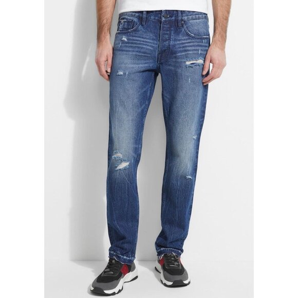 Guess Men's Rigid Slim Straight Jeans Destroyed Bright Indigo Wash Size 38